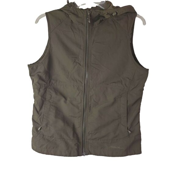 Eddie Bauer Women's Army‎ Green Utility Hiking Vest Full Zip Hooded Size S - Picture 1 of 6
